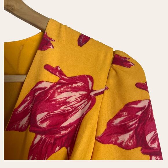 Color Me Courtney Eleanor Floral Print Yellow Wrap Midi Dress Size XS - Picture 6 of 12